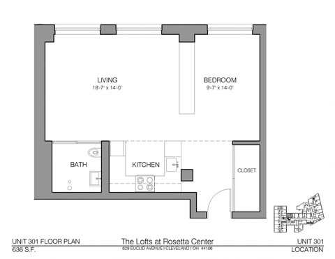 Floor plan for studio, 1 bath, 636 sqft